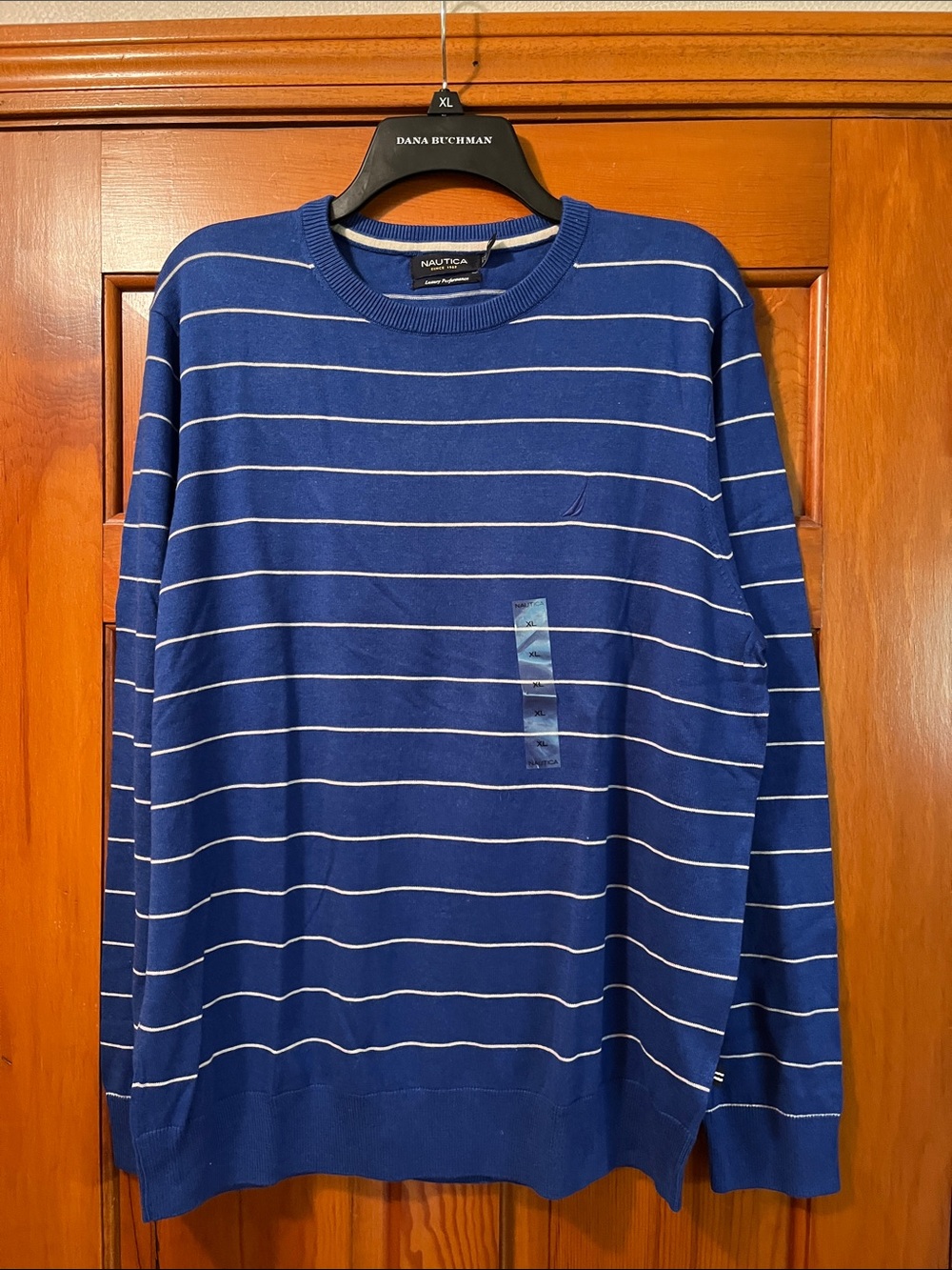 Nautica Blue Crewneck Sweater with White Stripes